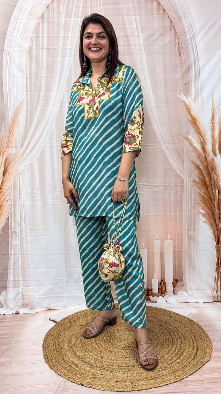Teal Blue Leheriya Printed Co-ord Set with Potli Bag