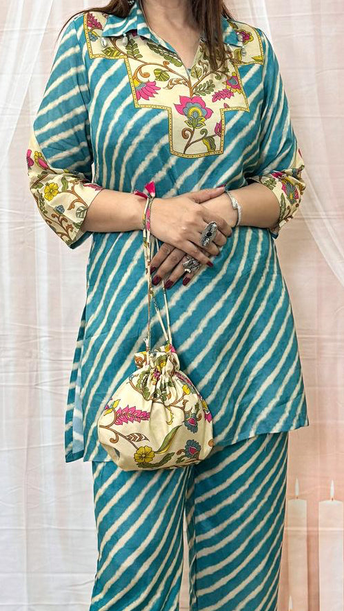 Teal Blue Leheriya Printed Co-ord Set with Potli Bag