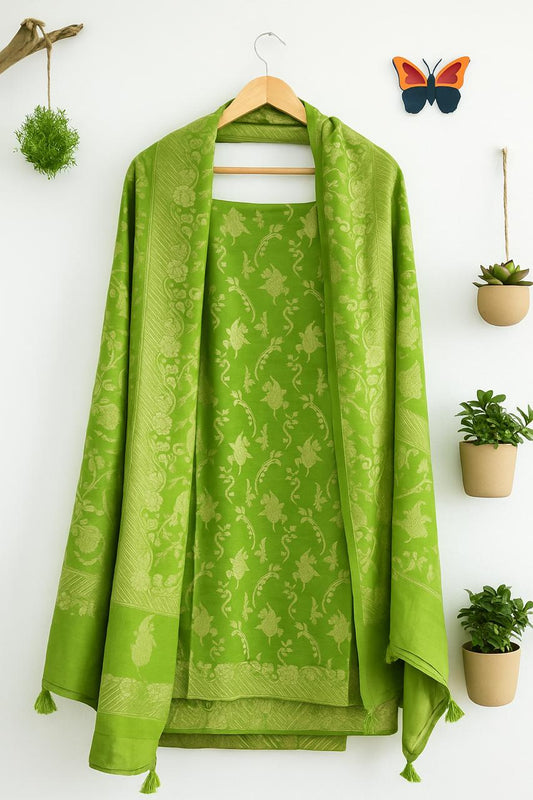 Banarsi Mul cotton parrot green kurta pant with dupatta(Unstitched Material)