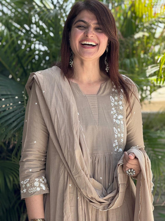 Beige Colour Mul Chanderi Suit Set