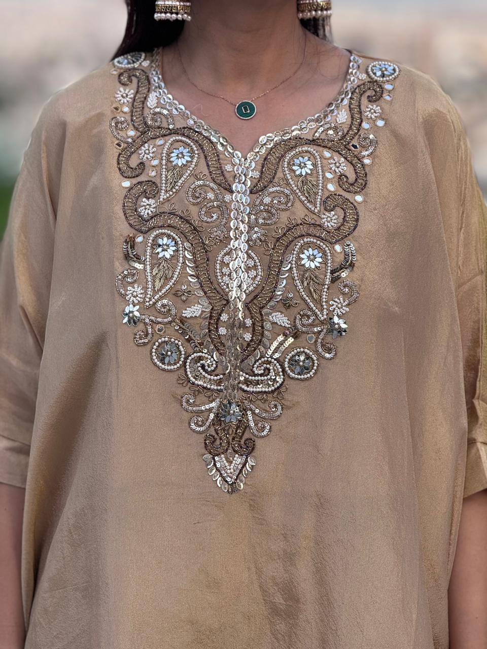 Beige Embroidered Kaftan with plazo