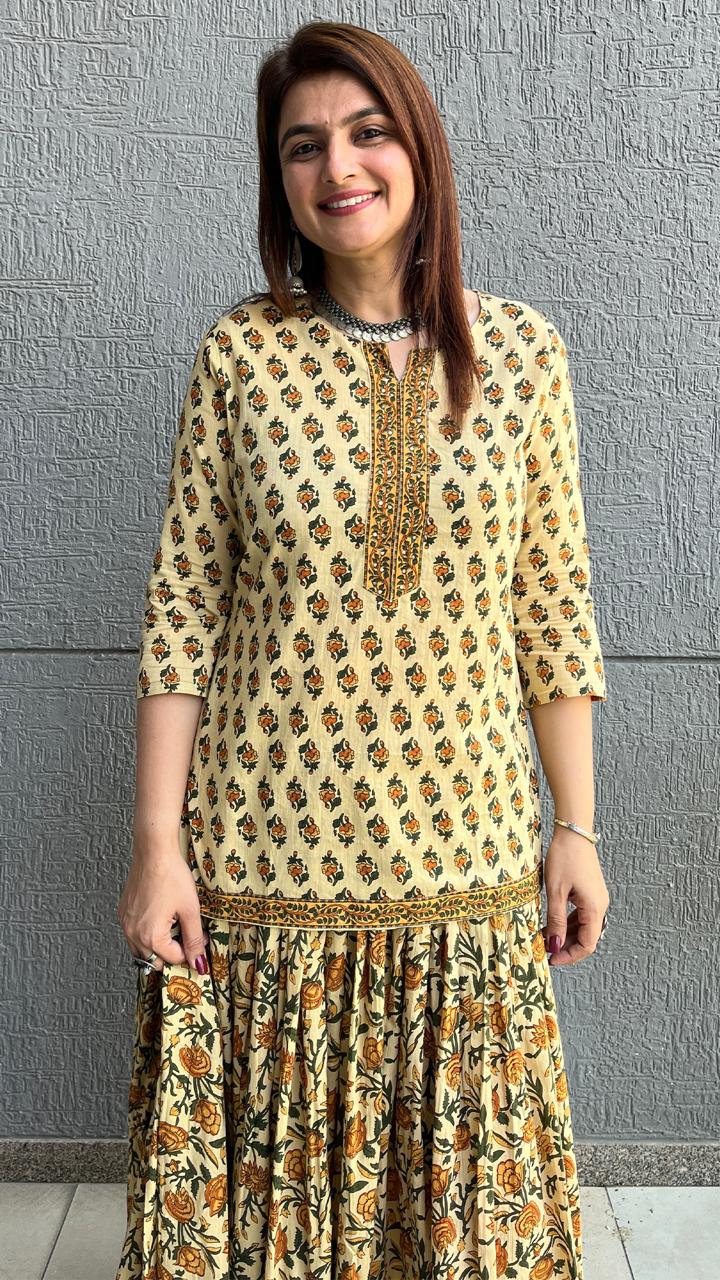 Cream Floral Printed Cotton Skirt Set