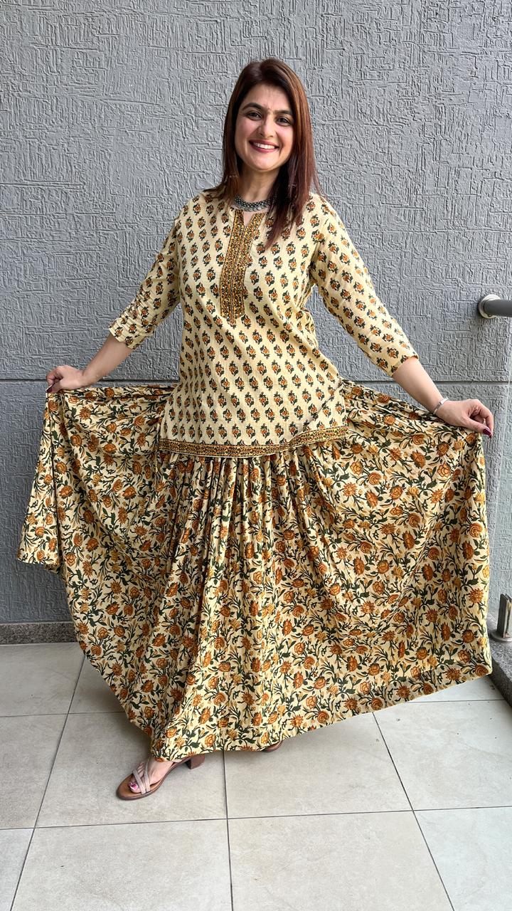 Cream Floral Printed Cotton Skirt Set