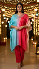Kaftan and Pants Set in a red, blue, and White Gradient With Embroidered