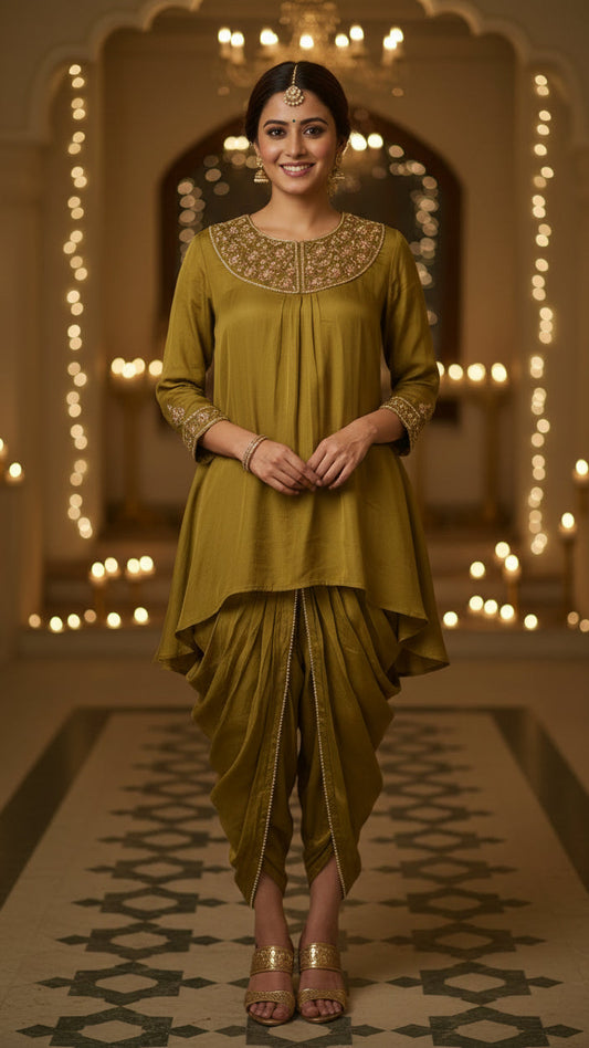 Olive Green Kurta With Dhoti Pant Set