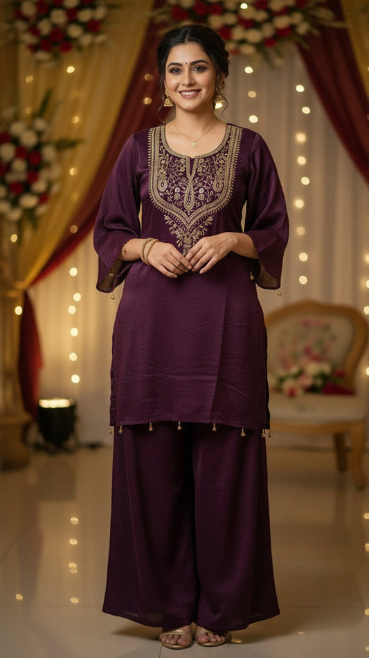 Purple Velvet Embroidered Kurta Set