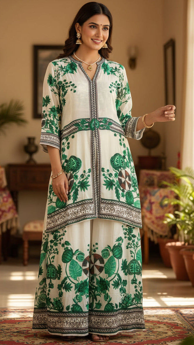 White And Green Printed Co-ord Set