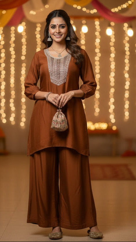 Rust Colored Kurta And Pant Set