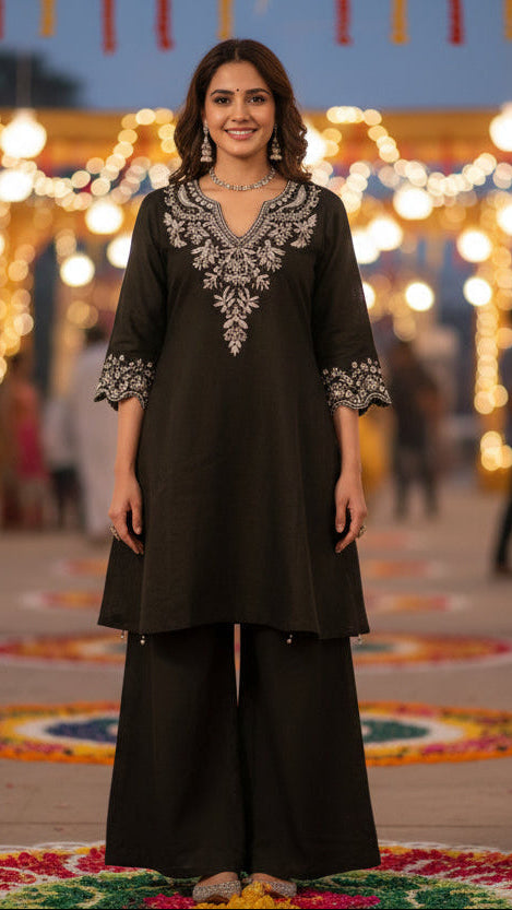 Dark Green Embroidered Kurti And Flared Pant Set