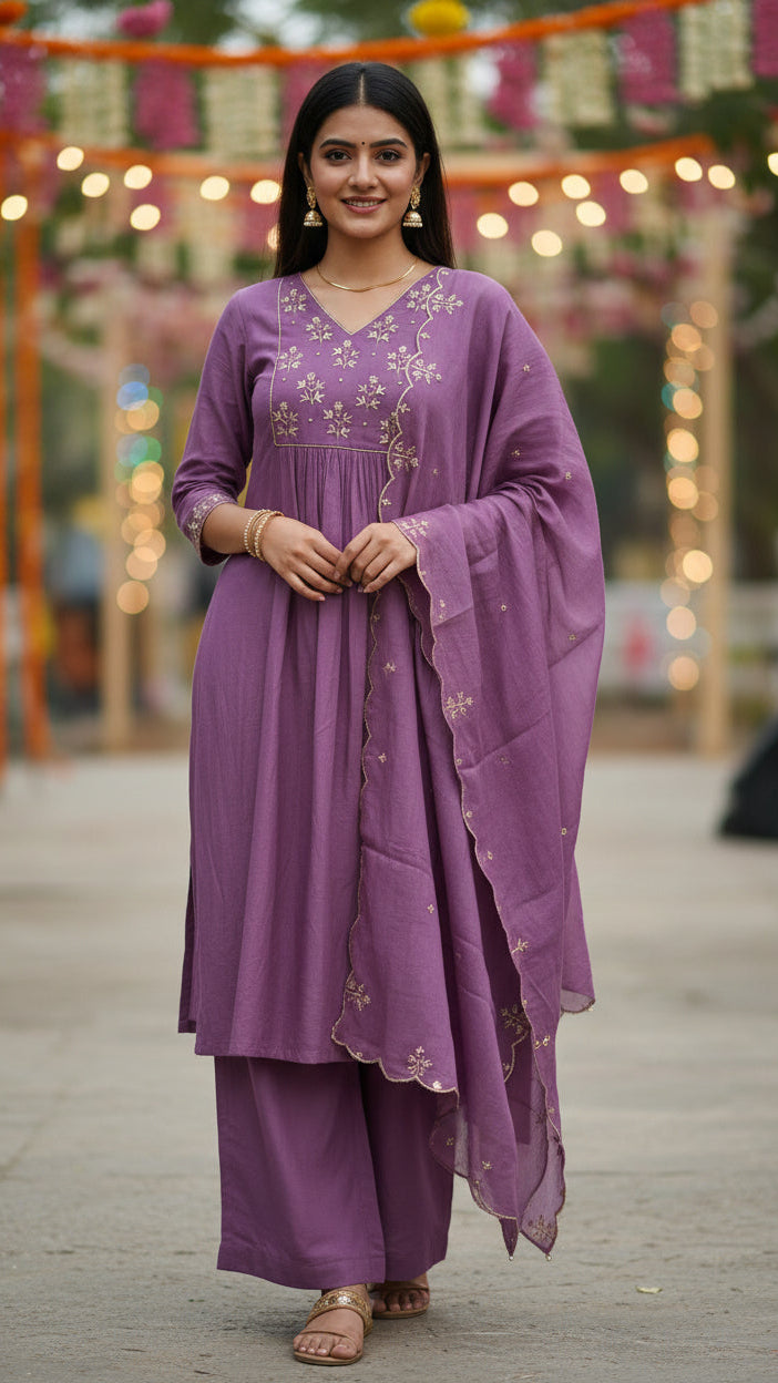 Purple Cotton Kurta Suit Set With Dupatta