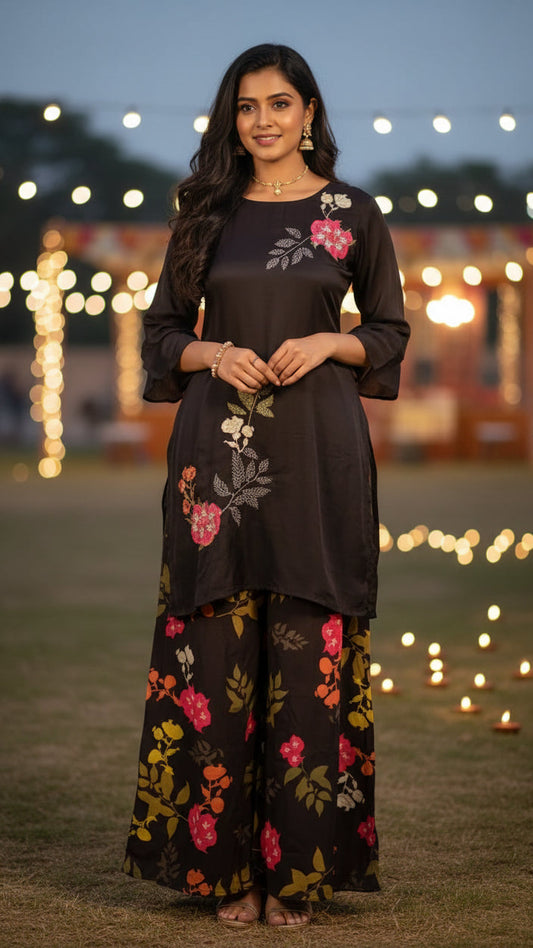 Black Floral Printed Tunic And Pant Set