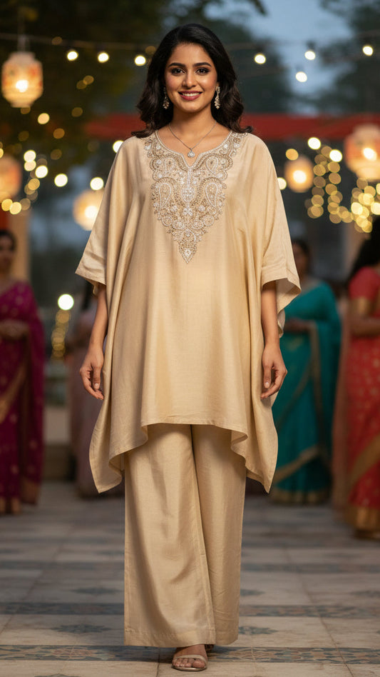 Beige Embroidered Kaftan