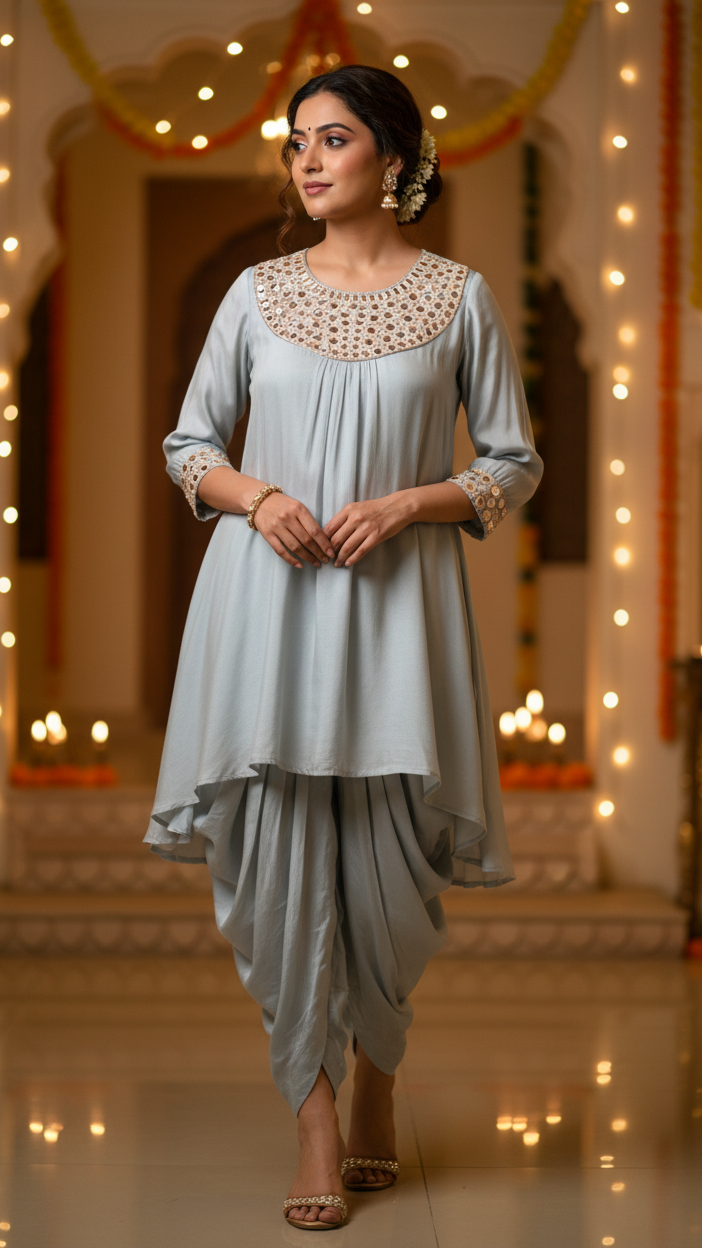 Ash Blue Kurta And Dhoti set