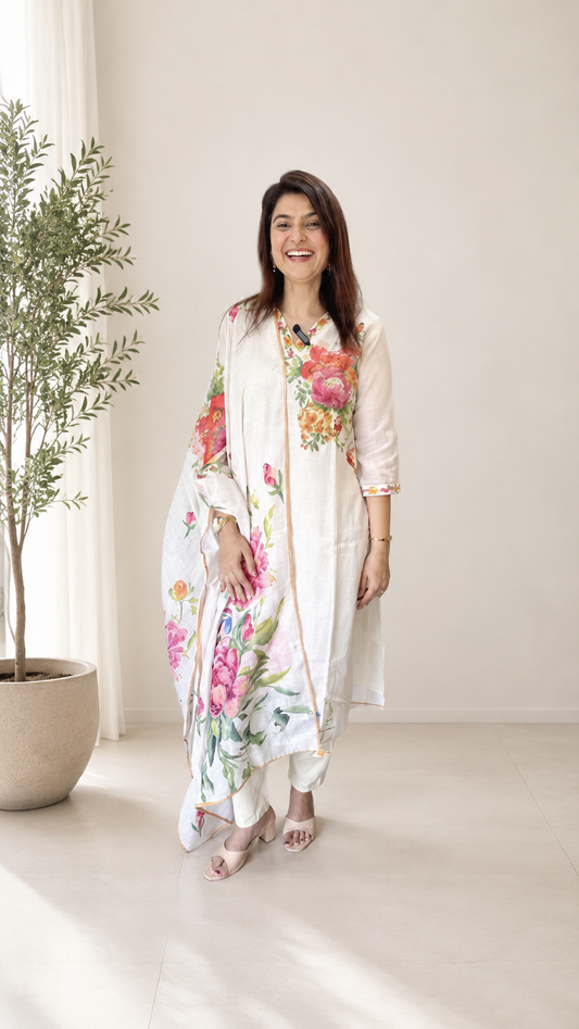 Ivory Linen Kurti Pant With Dupatta Set
