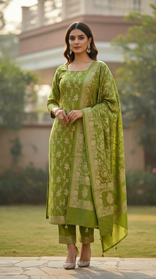 Banarsi Mul cotton parrot green kurta pant with dupatta(Unstitched Material)