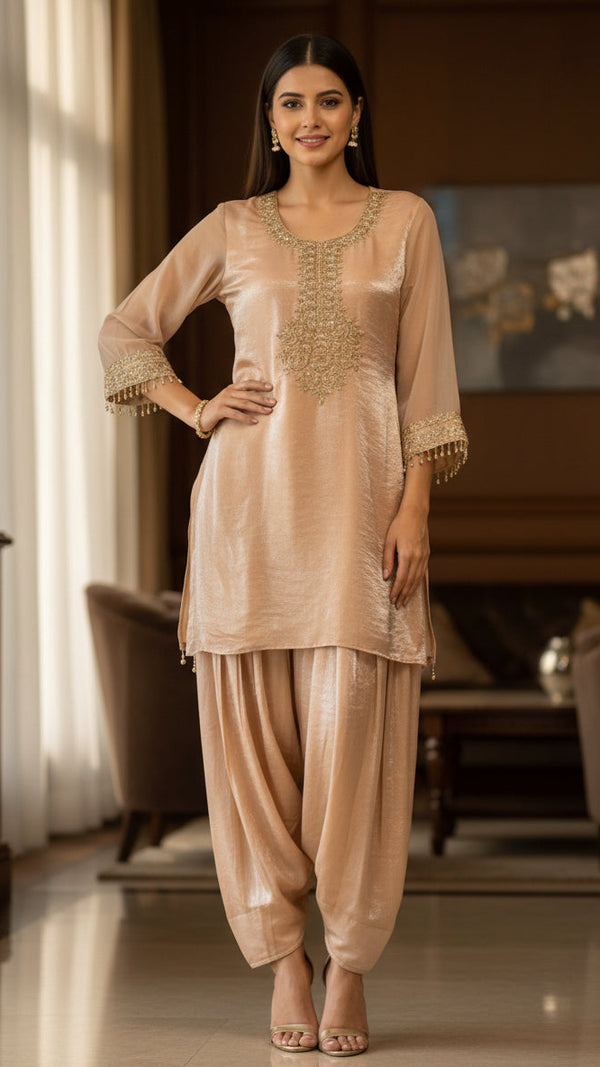 Short Kurti With Farsi Salwar In Orgaza Tissue In Peach Colour