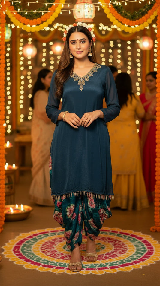 Blue short kurti with dhoti set