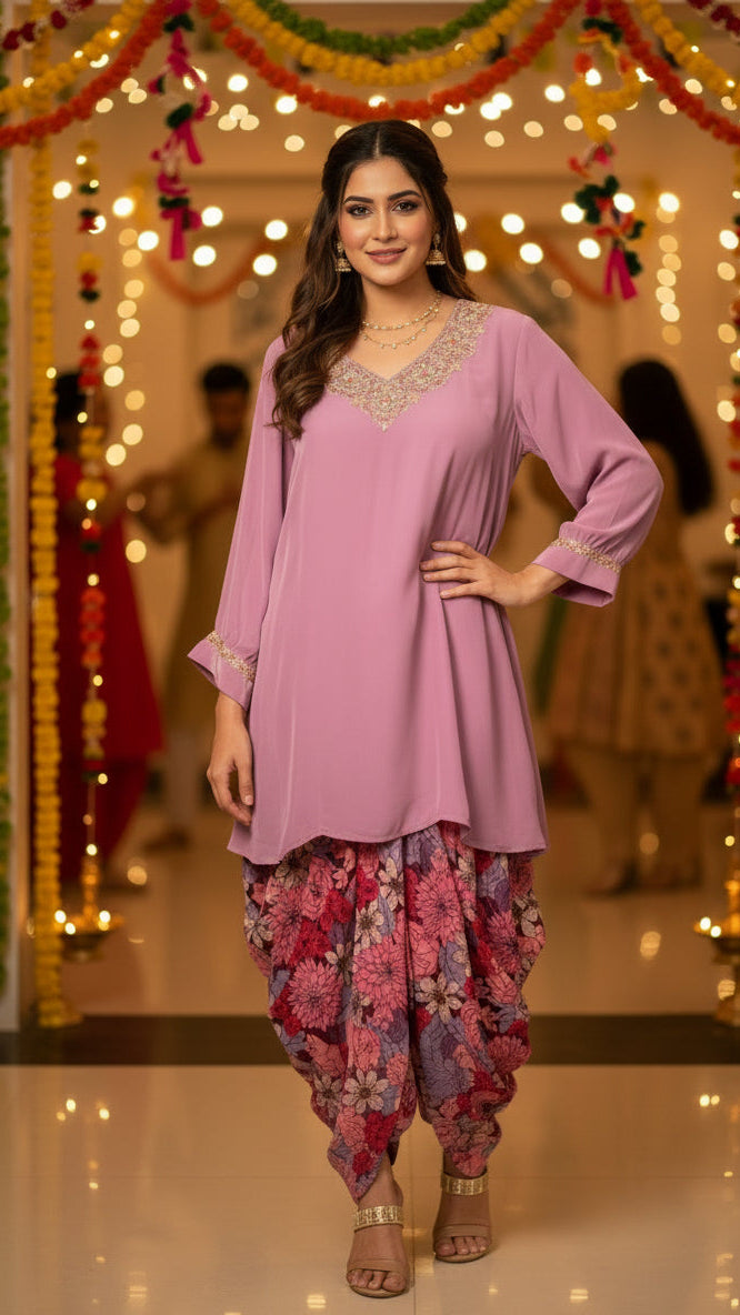 Pink Kurti With Dhoti Set
