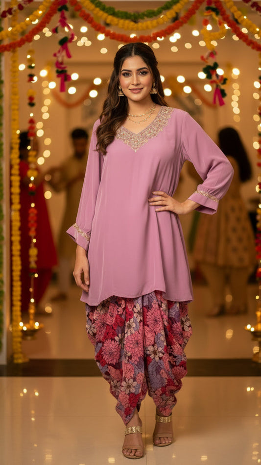 Pink Kurti With Dhoti Set