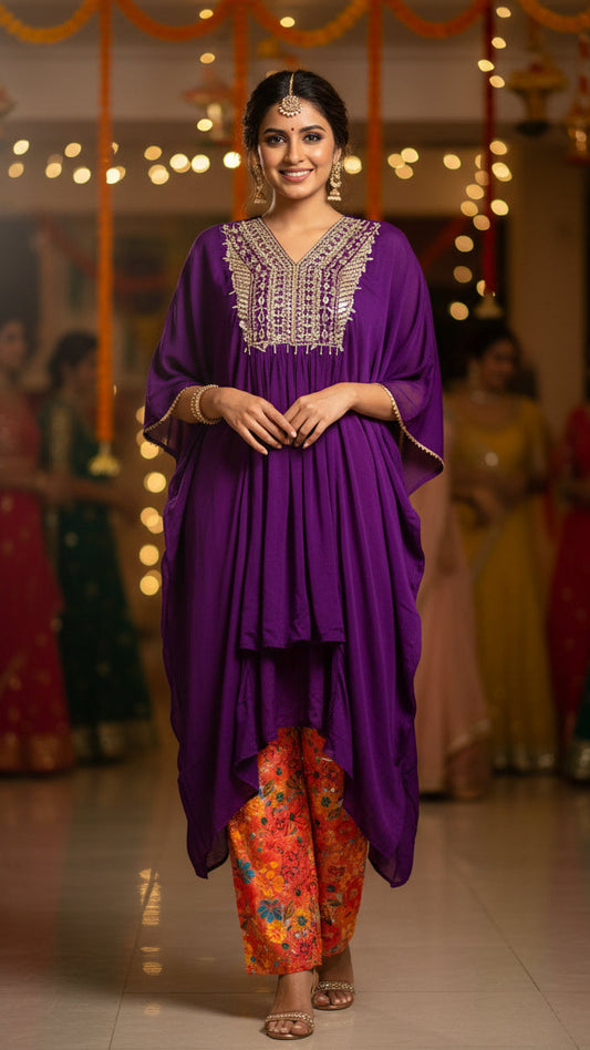 Purple Kaftan With Designed Pant