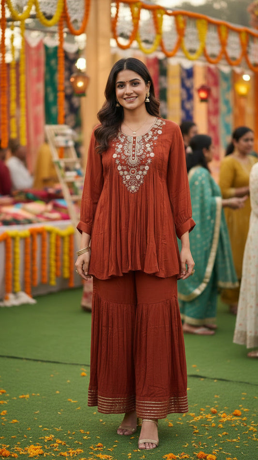 Rust Orange Short Kurti With Sharara