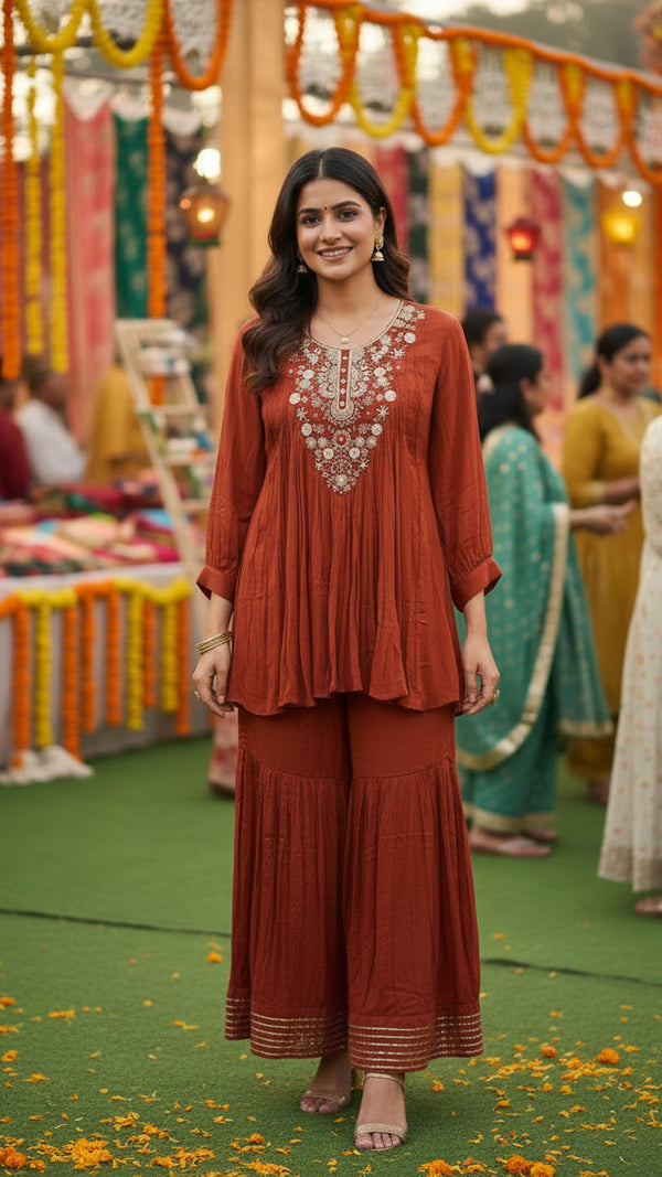 Rust Orange Short Kurti With Sharara