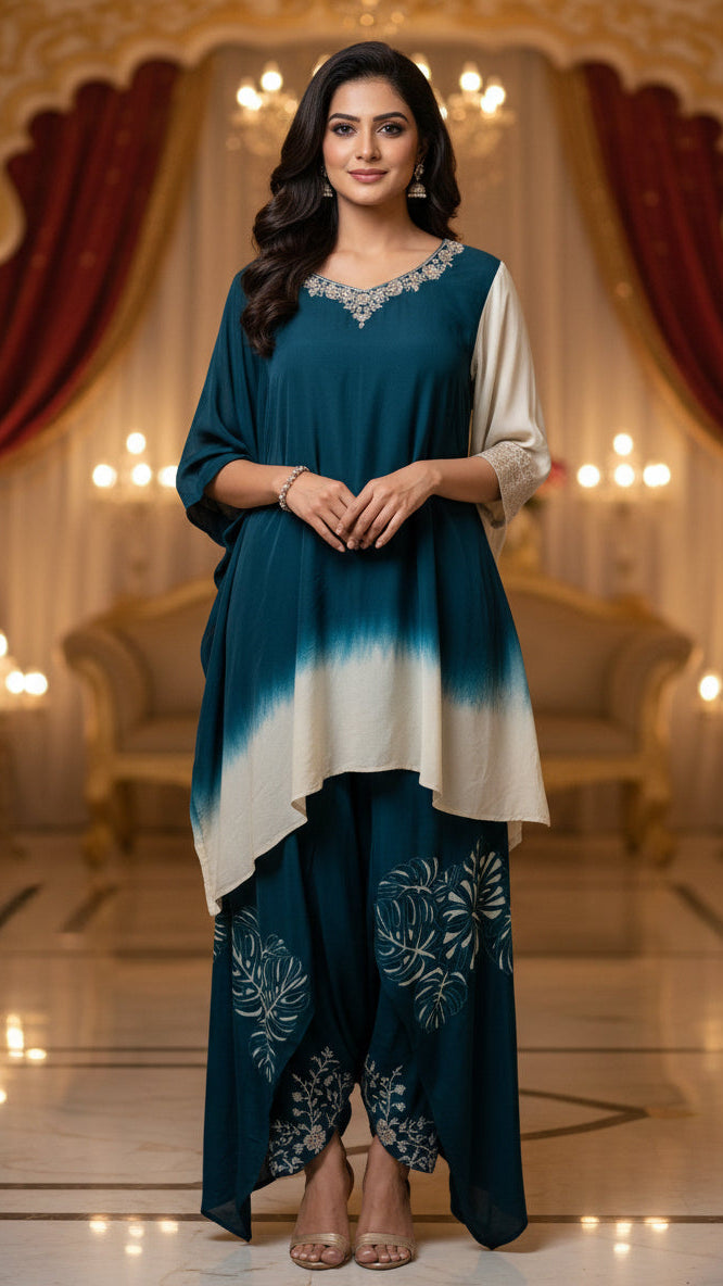 Blue and Beige Silk Kaftan Set With Hand Embroidery And tie-dye Shading