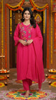 Fuchsia Pink Embroidered Cotton Kurta Set With Matching Pants And a Dupatta.
