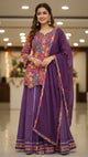 Purple Floral Print Short Kurta With Sharara And Dupatta Set