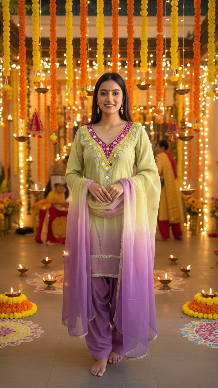 Lime Green And Purple Short Kurti With Farsi Salwar And Dupatta