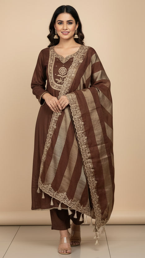 Brown Embroidered Kurta Suit Set With a Dupatta