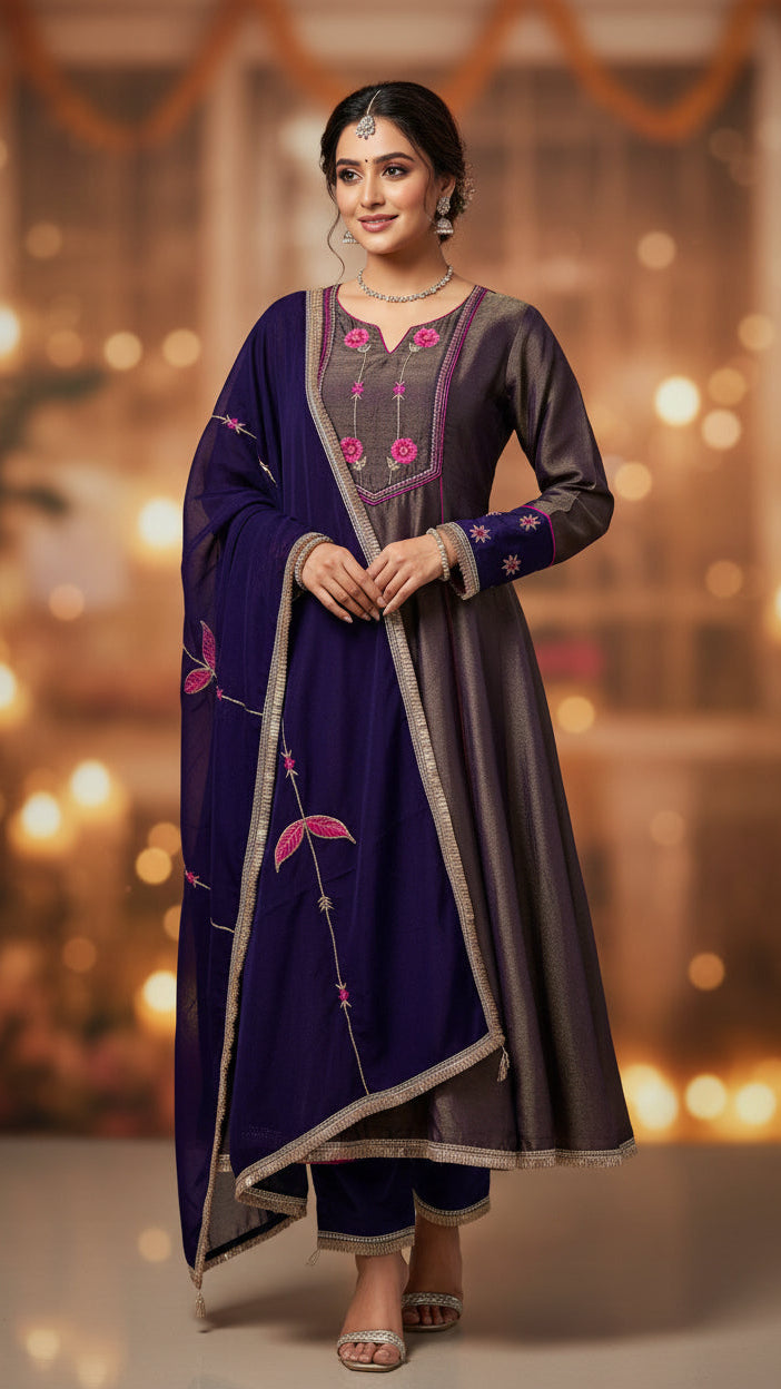 Kanjivaram Simmer Tissue Silk Full-Sleeve Anarkali Kurta With Pant And Dupatta Set