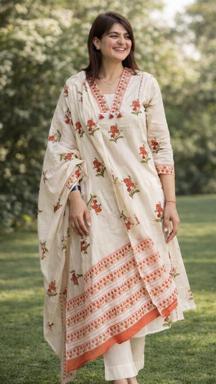 Pure Cotton Three Piece Suit With Dupatta