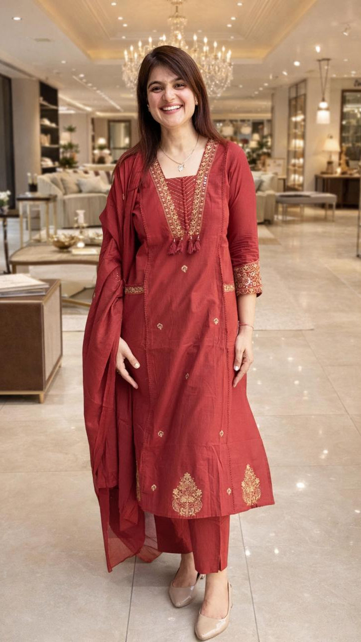 Red Neck Embroidered Cotton Kurta Set With Dupatta