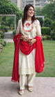 Ivory Embroidered Festive Kurta Set With Red Dupatta