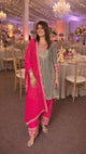 White And Black Striped Short Kurti With Rani Salwar And Dupatta