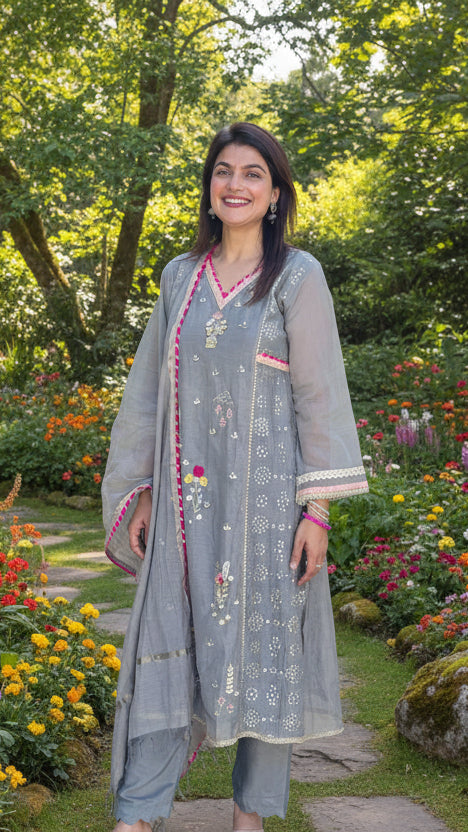 Grey Mulchanderi Suit Set