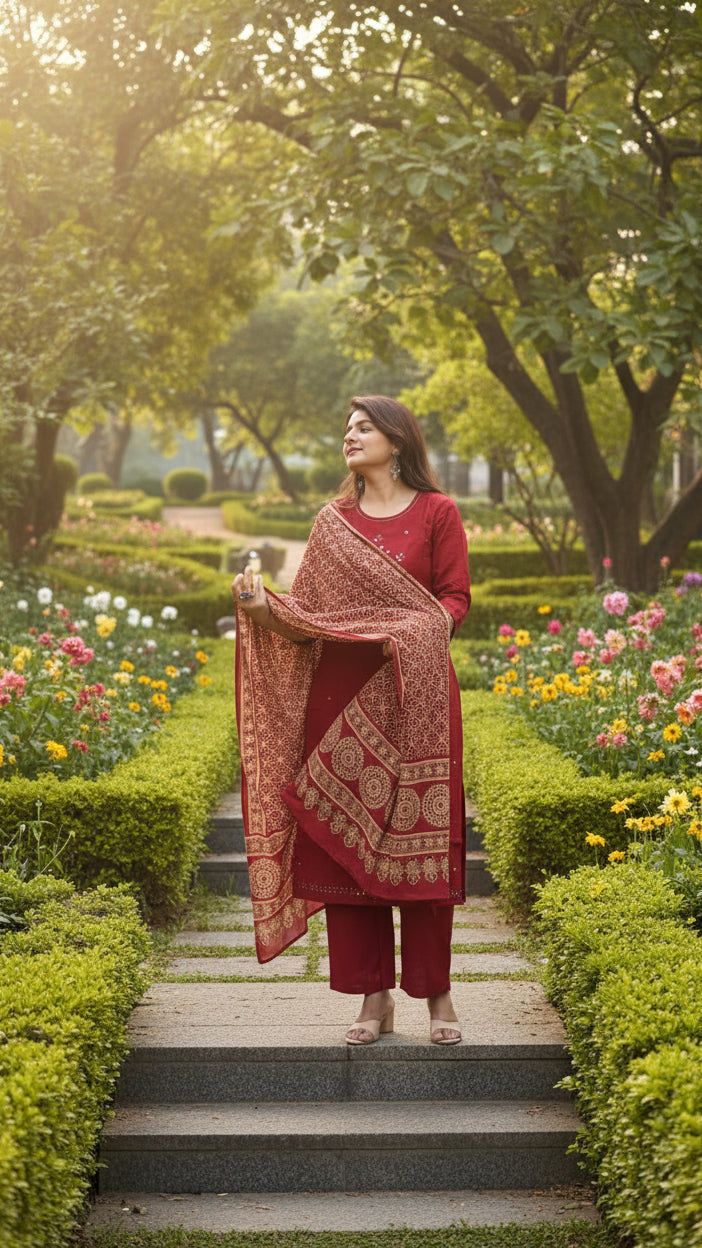 Brick Red Cotton Kurti Set With Dupatta