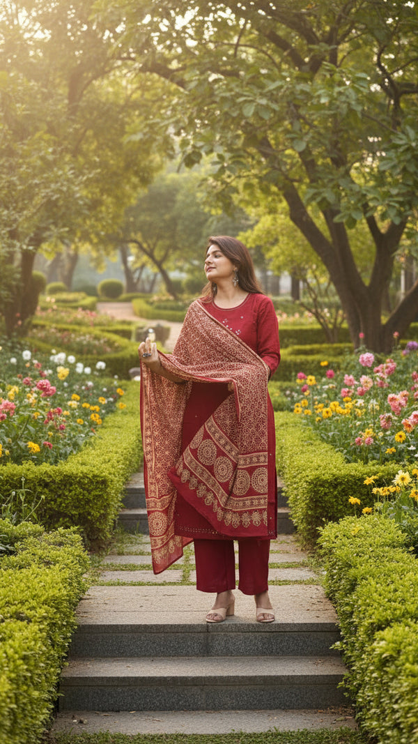 Brick Red Cotton Kurti Set With Dupatta