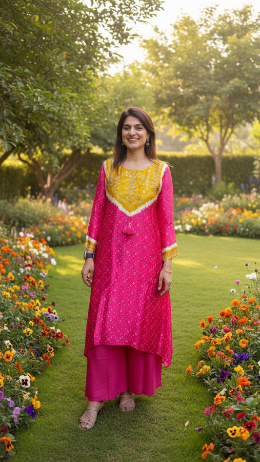 Gajji Silk Rani Pink Kurti Pant Set