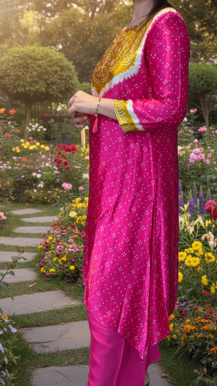 Gajji Silk Rani Pink Kurti Pant Set