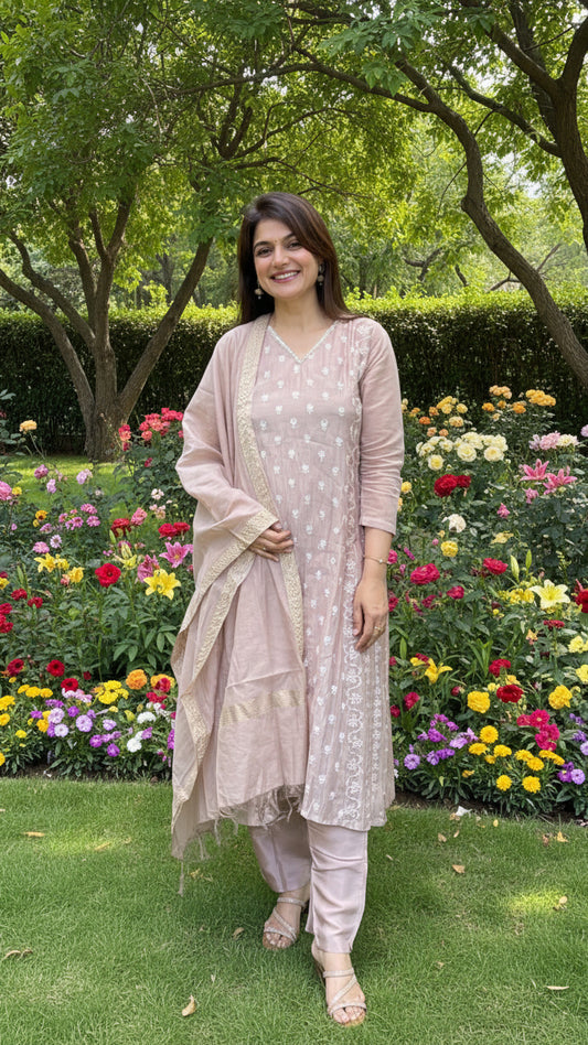 Pure Mul Chanderi Kurti Pant Set