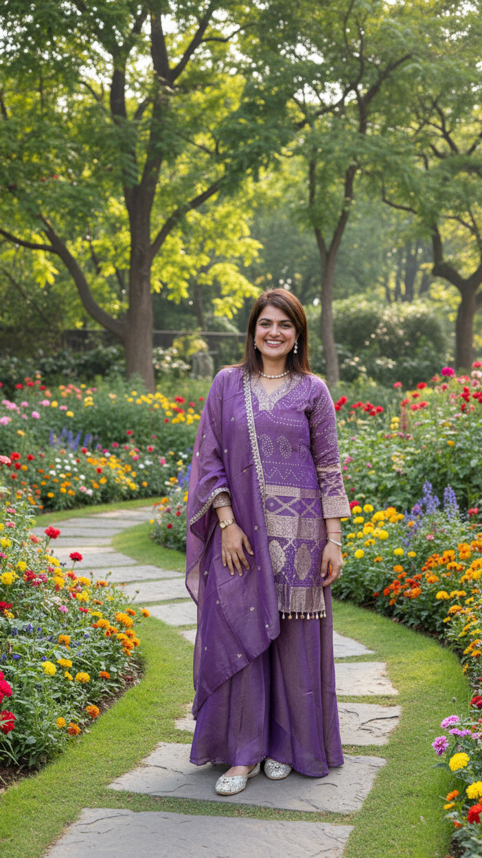 Purple Banarsi Bandhani Suit Set