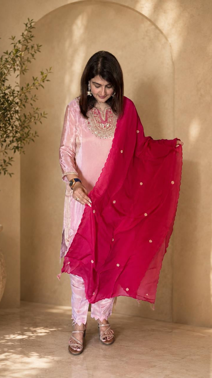 Pink Silk Kurta Pant With Dupatta Set