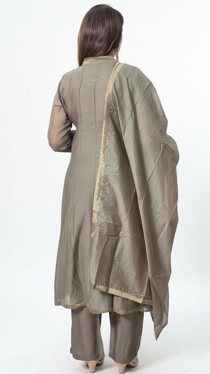 Mulchanderi Khaki Greay Suit Set