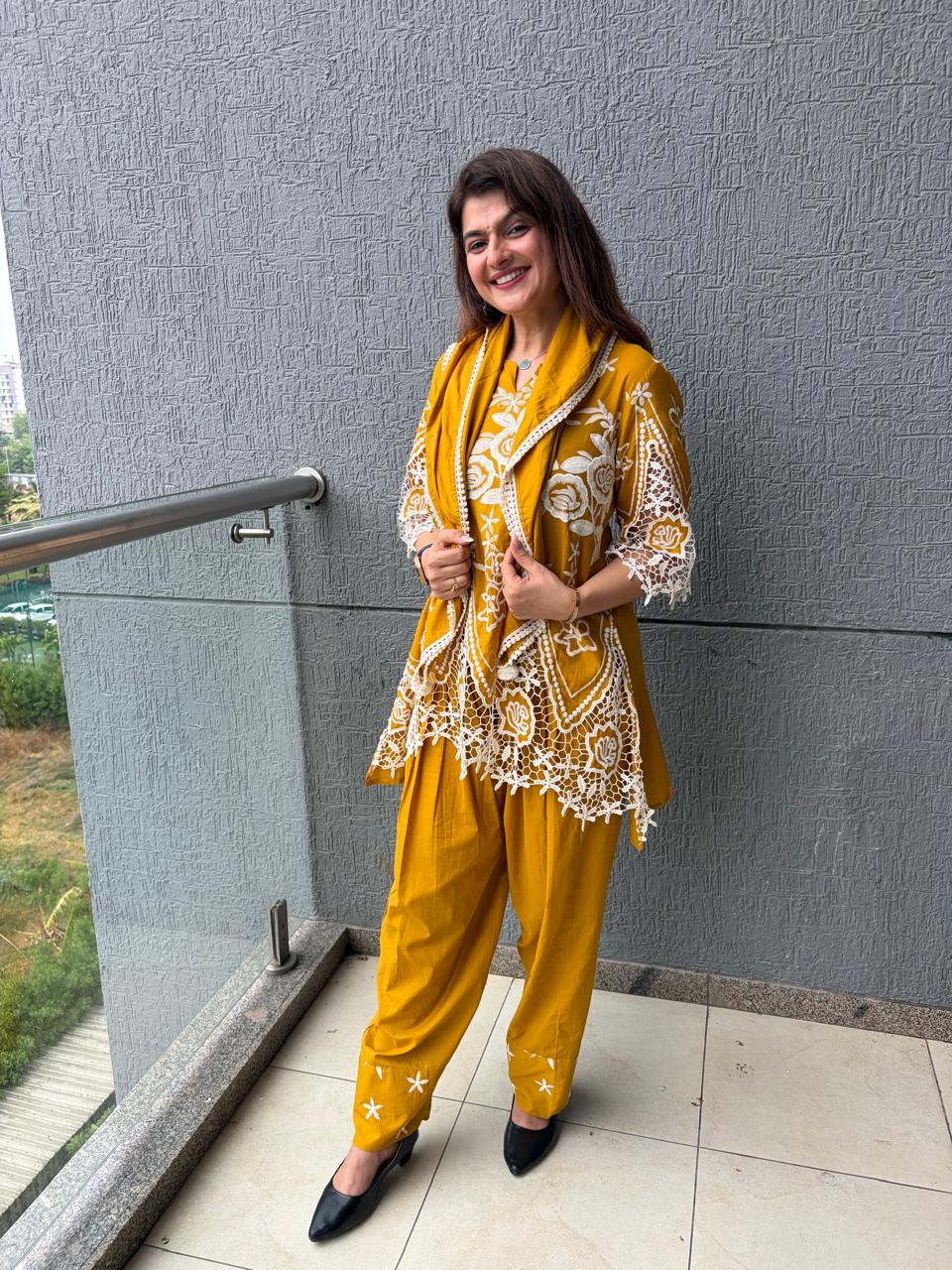 Mustered Yellow Short Kurti Set