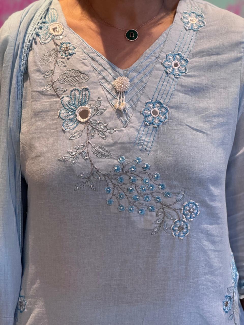 Sky Blue Mul Cotton Suit Set