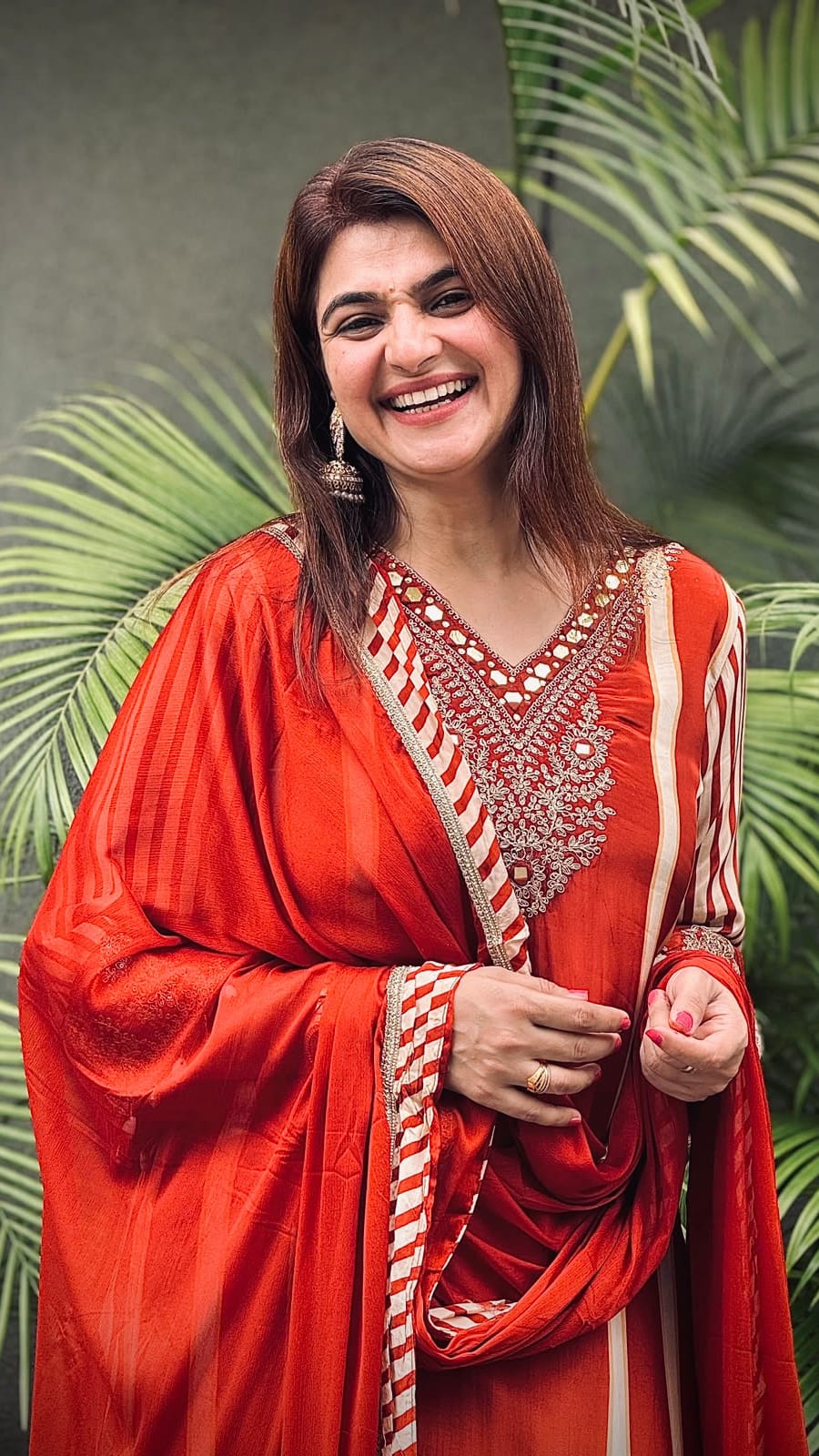 Scarlet Red and Ivory Striped Embroidered Festive Suit Set