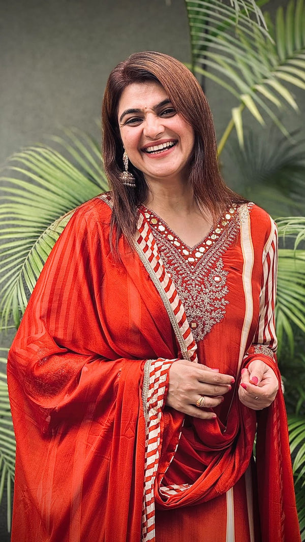 Scarlet Red and Ivory Striped Embroidered Festive Suit Set
