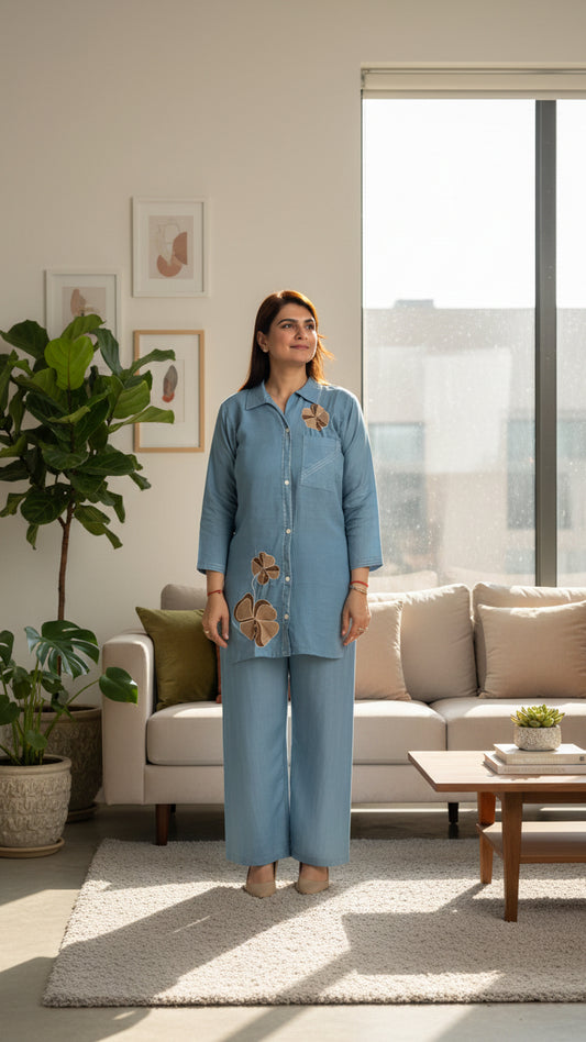 Sky Blue Floral Appliqué Cotton Co-ord Set